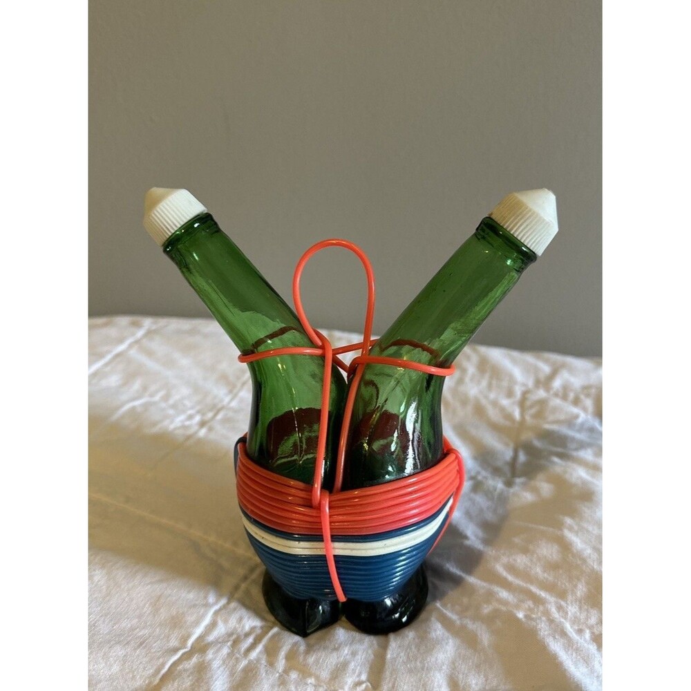 Vintage Calamassi Wrapped Double Neck Oil & Vinegar Bottle Italy Cruet 1960s